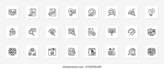Enterprise Reporting And Insights Conjunto coeso de ícones vetoriais minimalistas que representam ideias-chave com clareza visual