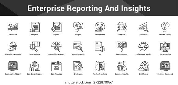 Enterprise Reporting And Insights Conjunto coeso de ícones vetoriais minimalistas que representam ideias-chave com clareza visual