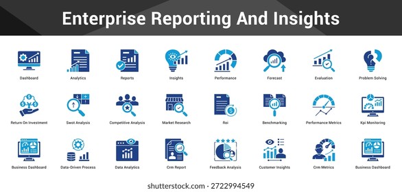 Enterprise Reporting And Insights Conjunto coeso de ícones vetoriais minimalistas que representam ideias-chave com clareza visual