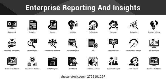 Enterprise Reporting And Insights Conjunto coeso de ícones vetoriais minimalistas que representam ideias-chave com clareza visual