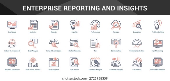 Enterprise Reporting And Insights Conjunto coeso de ícones vetoriais minimalistas que representam ideias-chave com clareza visual