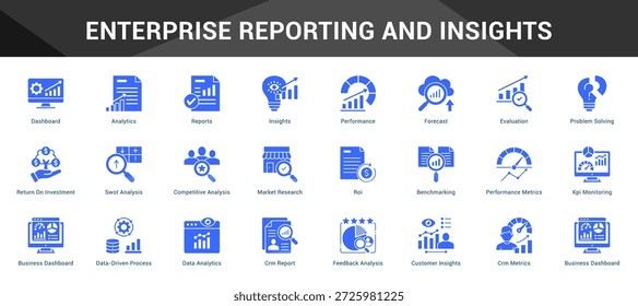 Enterprise Reporting And Insights Conjunto coeso de ícones vetoriais minimalistas que representam ideias-chave com clareza visual