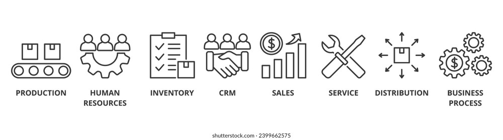 Enterprise resource planning banner web icon vector illustration concept with icon of production, human resources, inventory, crm, sales, service, distribution, business process