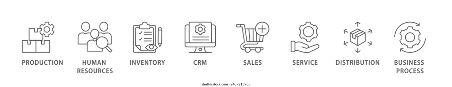 Enterprise resource planning banner web icon vector illustration concept with icon of production, human resources, inventory, crm, sales, service, distribution, business process