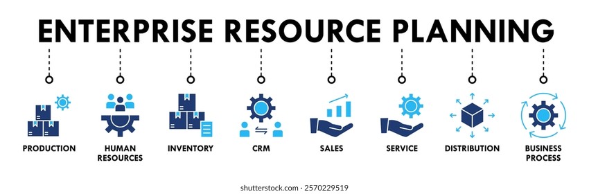 Enterprise resource planning banner web icon set vector symbol illustration concept with icon of production, human resources, inventory, crm, sales, service, distribution, business process