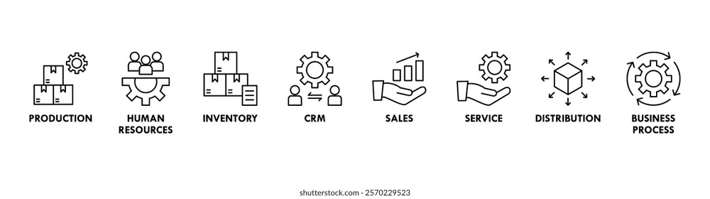 Enterprise resource planning banner web icon set vector symbol illustration concept with icon of production, human resources, inventory, crm, sales, service, distribution, business process