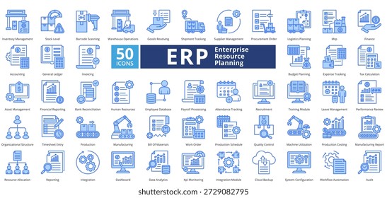 El estilo azul de planificación de recursos de Empresa contiene 50 íconos que incluyen gestión de inventario, nivel de stock, código de barras, operaciones de almacén, recepción de mercancías, seguimiento de envíos y Vector simple
