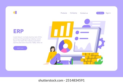 Conceito de planejamento de recursos empresariais. Painel de controle digital com lógica analítica para um gerenciamento eficiente dos negócios. Visualização simplificada de dados e otimização de processos. Ilustração vetorial.