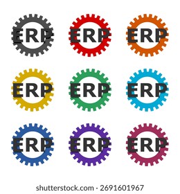 Ícone ERP do conceito de planejamento de recursos da empresa isolado no plano de fundo branco. Definir ícones coloridos