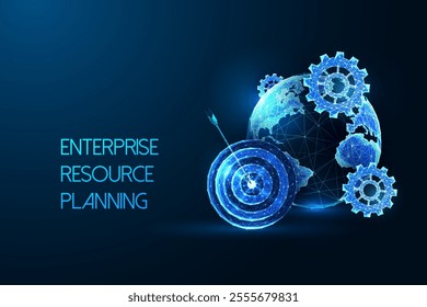 Enterprise resource planning concept with glowing gears, global network, and digital target on dark blue background. Business efficiency and technology. Glowing polygonal abstract vector illustration.