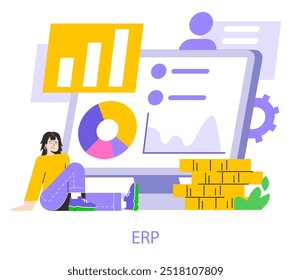 Conceito de planejamento de recursos da empresa. Profissional analisando dados com o sistema ERP. Coordenação de processos de negócios. Ilustração vetorial.