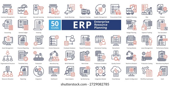 Enterprise Resource Planning dual tone style contains 50 icons including supplier management, procurement order, logistics, planning, mrp, finance , accounting simple vector