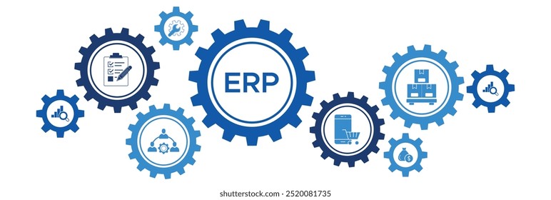 ERP-Banner (Enterprise Resource Planning) mit Symbolen für die Systemintegration in Oracle Lager, Financials, Oracle HRM, Production und MRP