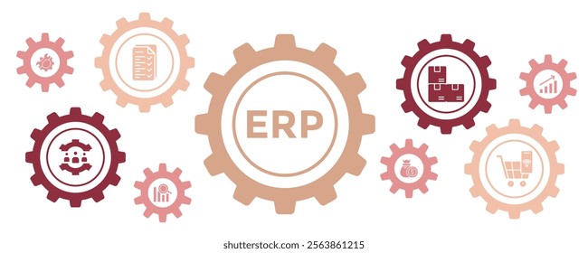 Enterprise Resource Planning (ERP) Banner with Icons for Inventory, Financial, HRM, Production, and MRP System Integration