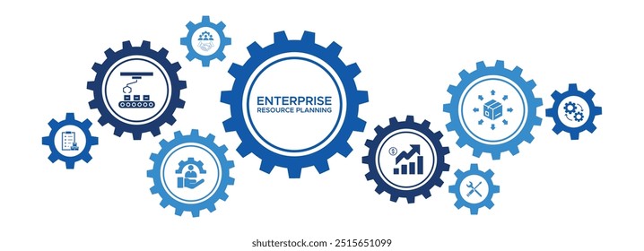 Banner de soluções empresariais de ERP (Enterprise Resource Planning, planejamento de recursos corporativos) com ícones de vendas, RH, CRM e distribuição