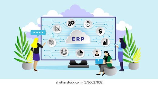 Enterprise resource planning ERP as cloud service concept. IT manager analyzing the architecture of ERP (Enterprise Resource Planning). can use for, landing page, template, ui, web.