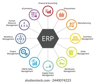 Enterprise resource planning or ERP Modules for Finance, procurement, manufacturing, inventory, project, warehouse, logistics, workforce, ecommerce, sales, CRM, HRM, order management