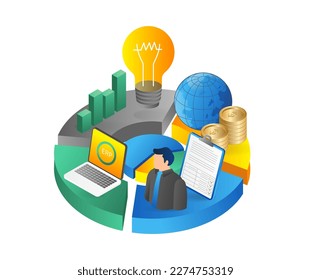 Enterprise Resource Planning ERP pie chart isometric flat 3d illustration concept