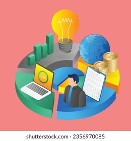 Enterprise Resource Planning ERP pie chart isometric flat 3d illustration concept