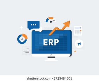 El sistema ERP de planificación de recursos de Empresa integra los procesos de negocio de manera eficiente. Flujos de trabajo y análisis del sistema de planificación de recursos de Empresa ERP para la productividad corporativa de 2026. Ilustración vectorial