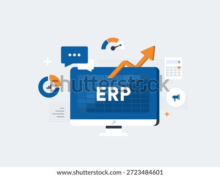 Enterprise resource planning ERP system integrates business processes efficiently. ERP enterprise resource planning system workflows and analytics for 2026 corporate productivity. Vector illustration