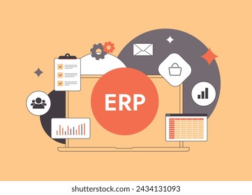 Planificación de recursos empresariales: sistemas ERP y software de gestión empresarial. Experimente aplicaciones integradas, automatización de flujos de trabajo y soluciones eficientes de planificación de recursos. Ilustración de vector