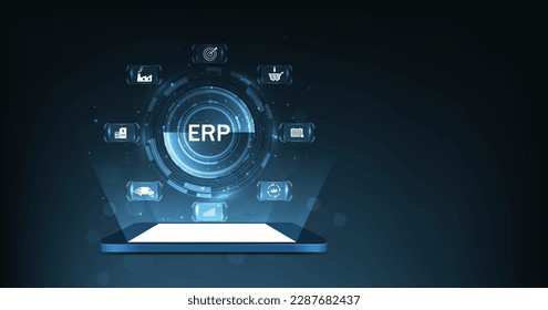 Enterprise resource planning (ERP)concept design. Enterprise resource planning business and modern technology concept on dark blue background.	