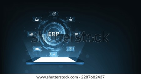 Enterprise resource planning (ERP)concept design. Enterprise resource planning business and modern technology concept on dark blue background.	