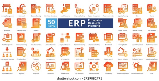 El estilo de gradiente de glifo de planificación de recursos de Empresa contiene 50 íconos que incluyen recursos humanos, base de datos de empleados, procesamiento de nóminas, seguimiento de asistencia, reclutamiento, módulo de capacitación y Vector simple