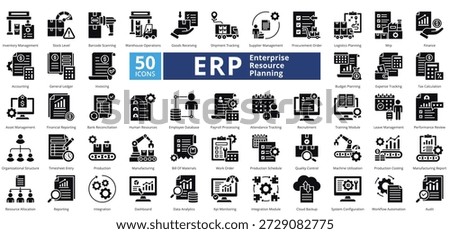 Enterprise Resource Planning glyph style contains 50 icons including invoicing, budget planning, expense tracking, tax calculation, asset management, financial reporting simple vector