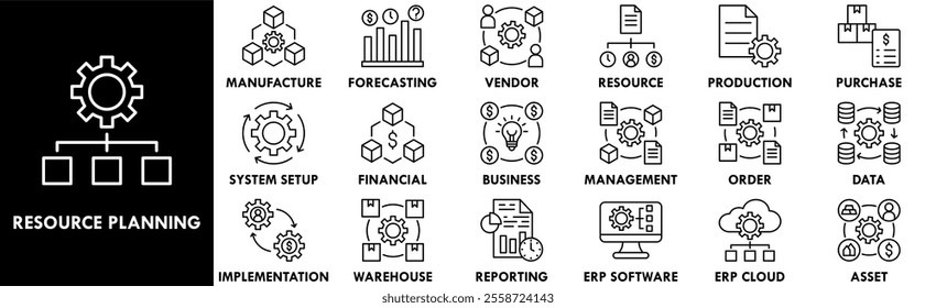 Enterprise Resource Planning icon collection set. Containing design enterprise, crm, management, software, system