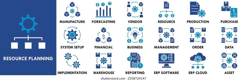 Enterprise Resource Planning icon collection set. Containing design enterprise, crm, management, software, system