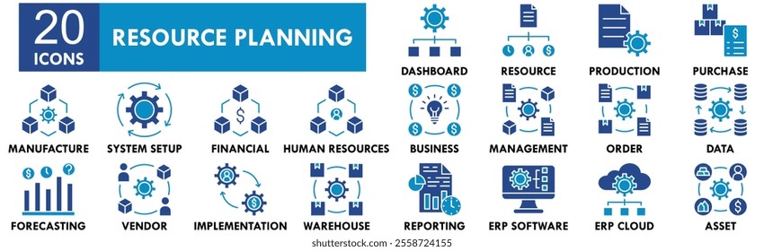 Enterprise Resource Planning icon collection set. Containing design enterprise, crm, management, software, system