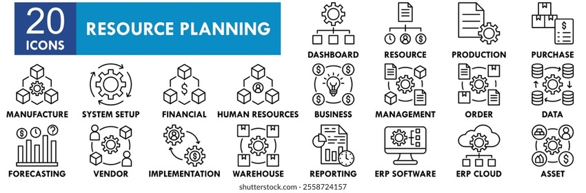 Enterprise Resource Planning icon collection set. Containing design enterprise, crm, management, software, system