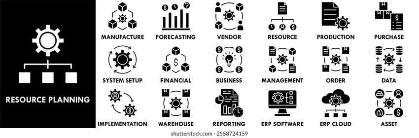 Enterprise Resource Planning icon collection set. Containing design enterprise, crm, management, software, system