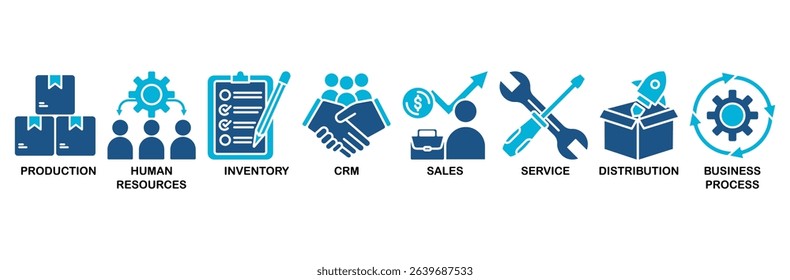 Enterprise resource planning icon set vector illustration concept with icon of production, human resources, inventory, crm, sales, service, distribution, business process