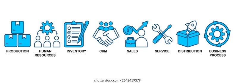 Enterprise resource planning icon set vector illustration concept with icon of production, human resources, inventory, crm, sales, service, distribution, business process