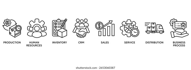 Ícone de planejamento de recursos empresariais definir conceito de ilustração vetorial relacionado à produção, recursos humanos, inventário, crm, vendas, serviço, distribuição, processo de negócios