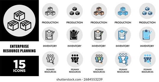 Conjunto de ícones do ENTERPRISE RESOURCE PLANNING com vários estilos e cores de desempenho de sustentabilidade corporativa para triagem de investimentos