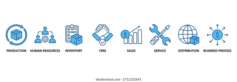 Symbolsatz für Enterprise-Ressourcenplanung In Blue Style Vektorgrafik für Produktion, Personal, Inventar, CRM, Vertrieb, Service, Vertrieb, Geschäftsprozess