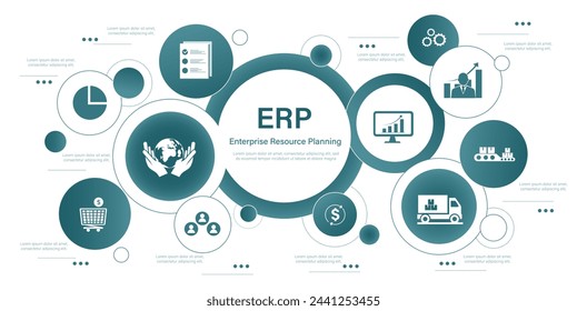 Enterprise resource planning illustration concept. EPR Business management and company enhancement. Technology, Internet and network concept. Illustrations and icons.