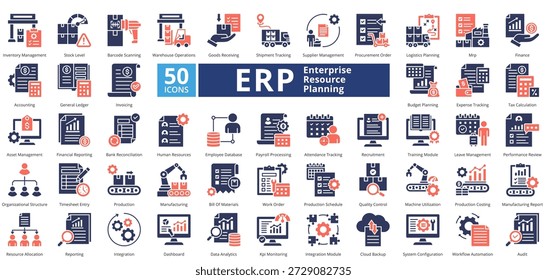 O estilo de duotone misto do Enterprise Resource Planning contém 50 ícones, incluindo relatórios, integração, dashboard, análise de dados, monitorização de kpi, módulo de integração, vetor simples