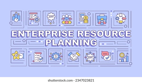 Enterprise resource planning text concept with various icons on blue monochromatic background, 2D vector illustration.