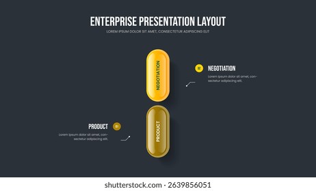 Enterprise Review 2 Step Diagram Frame Layout. Investor Growth Two Option Infographic Slide Template. Professional Introduction Presentation Design Vector Illustration.