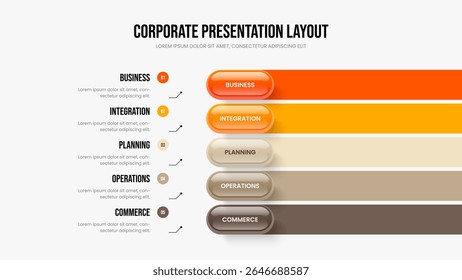 Enterprise Review Layout do slide do diagrama de cinco etapas. Modelo de Quadro Infográfico de Opção 5 do Creative Performance. Ilustração Vetorial de Design de Apresentação Visual.