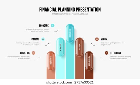 Ilustración vectorial de diseño de marco de revisión de Empresa. Crecimiento de ventas Diseño de presentación infográfica de cinco pasos. Plantilla de presentación de diapositivas de diagrama de elementos de estrategia de Producto 5.