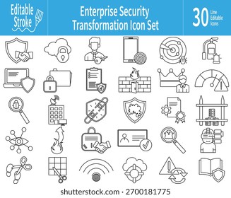 Ícones de linha de transformação de segurança corporativa com escudo, bloqueio de nuvem, firewall e conceitos de defesa cibernética para tecnologia de negócios e temas de proteção de dados.