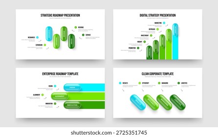 Enterprise Showcase 4 5 3 Step Infographic Presentation Layout Bundle. Financial Analysis Four Five Three Element Diagram Slide Design Vector Illustration Set.
