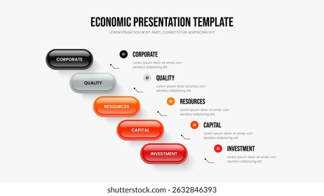 Enterprise Showcase 5 Step Infographic Slideshow Design. Financial Strategy Five Option Diagram Presentation Layout. Professional Portfolio Frame Template Vector Illustration.
