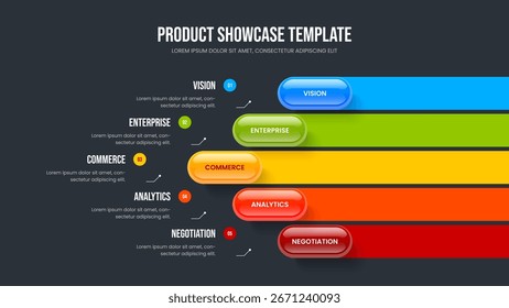 Layout do slide do diagrama de cinco opções do Enterprise Showcase. Ilustração do vetor do modelo de apresentação da análise da empresa. Plano de Serviço 5 Elemento Infográfico Quadro Design.